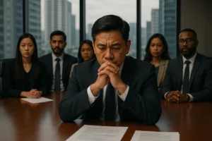 A Filipino corporate leader in deep thought at a boardroom table, with a team sitting behind him